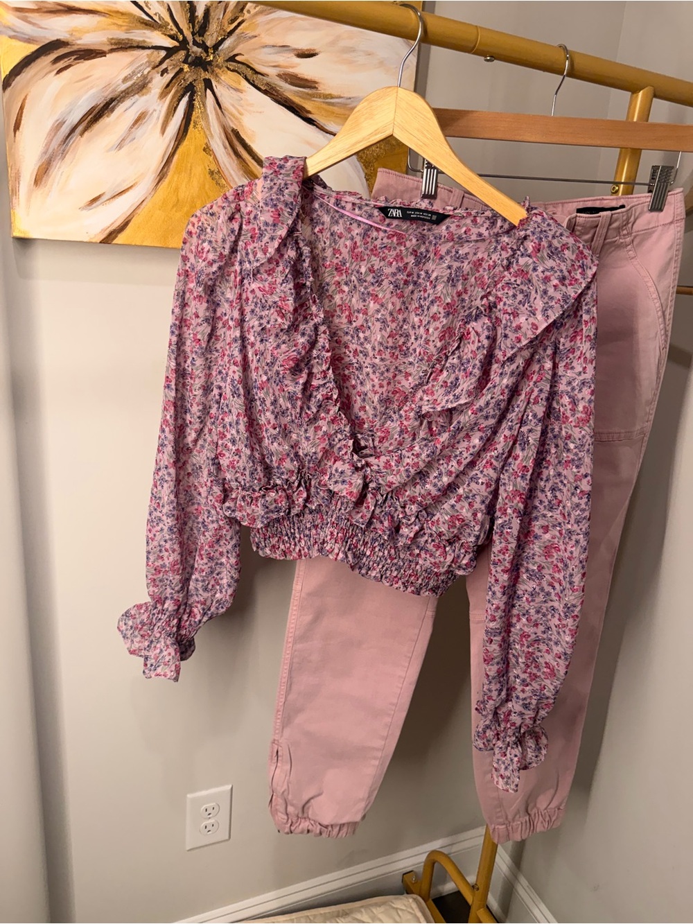 Zara Pink Multi Floral Ruffle Crop Blouse